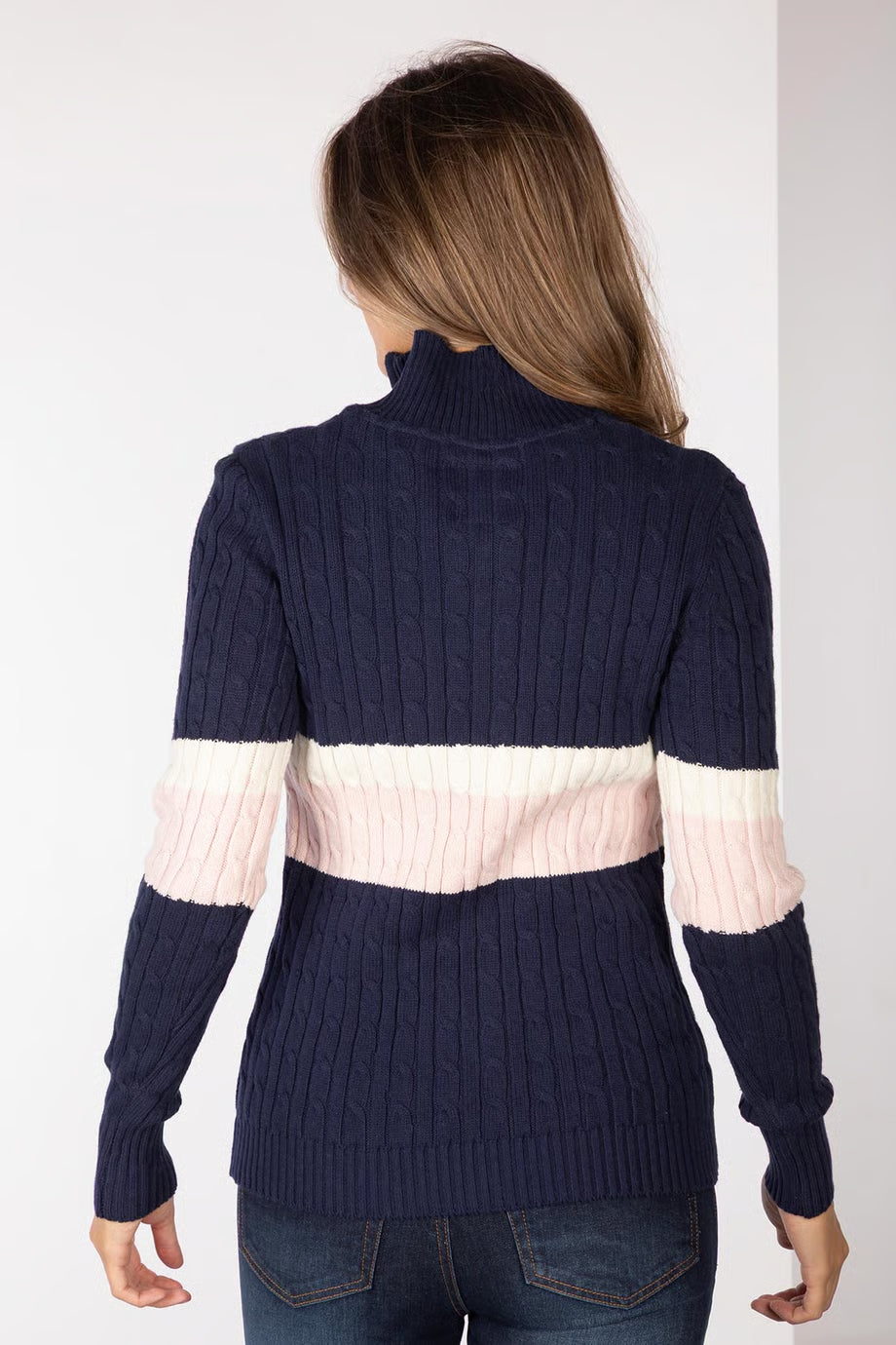 Rydale Ladies Striped Quarter Zip Jumper - Bramham -Navy.