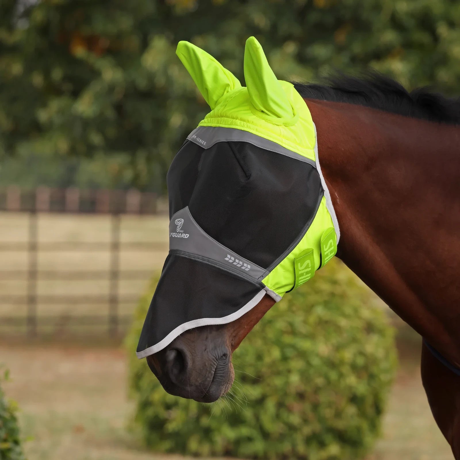 Picture of Shires FlyGuard Pro Hi-Viz Fine Mesh Fly Mask with Ears & Nose, UV Protection