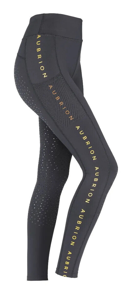 Picture of Shires Aubrion Maids Brook Logo Riding Tights | Black | Girls | Age 7-10yrs
