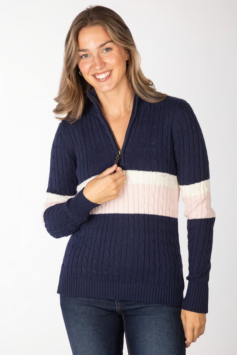 Picture of Rydale Ladies Striped Quarter Zip Jumper - Bramham -Navy.