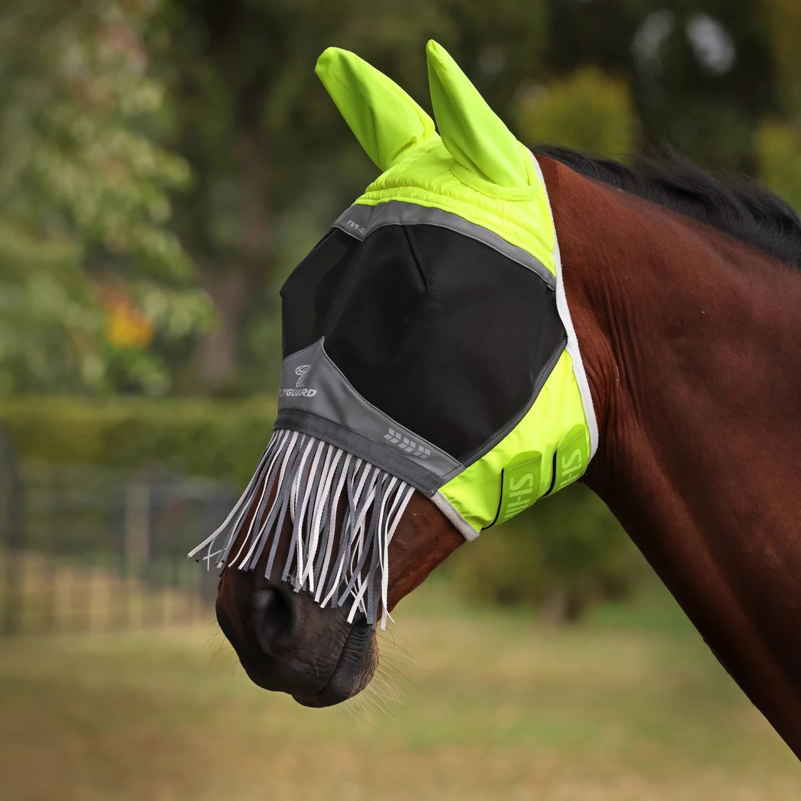 Picture of Shires FlyGuard Pro Hi-Viz Fine Mesh Fly Mask with Ears & Nose Fringe UV Protect