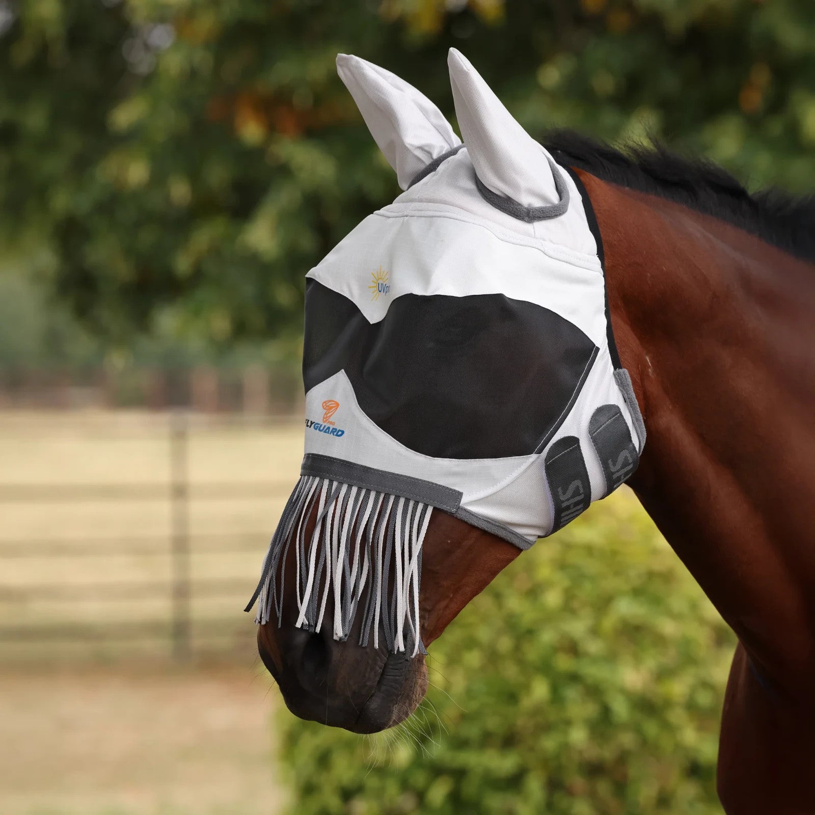 Picture of Shires FlyGuard Pro Sun Shade Fly Mask with Ears & Nose Fringe,  UV Protection