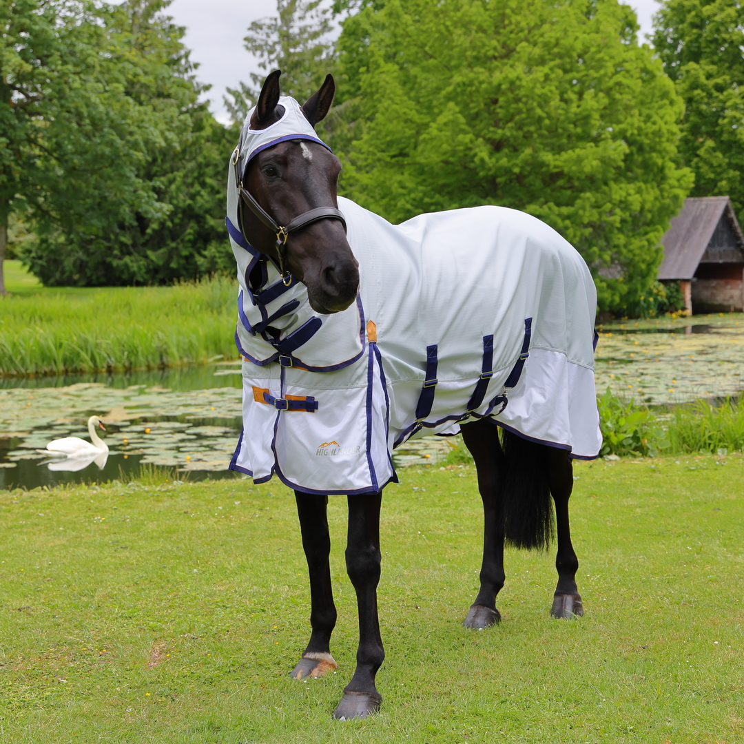 Shires Highlander Plus Sun Shade Horse/Pony Fly Combo in Grey, 90% UV Protection