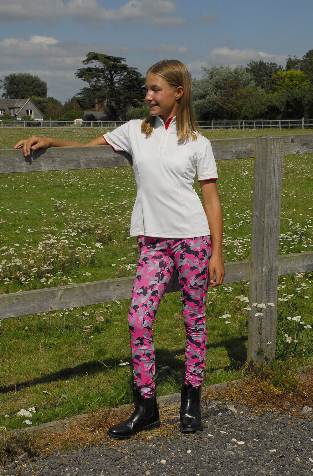 Picture of Rhinegold Childrens Full Seat Riding Tights, Pony Print | Blue, Pink | 22" - 30"