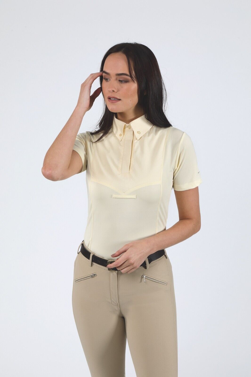 Picture of Shires Aubrion Short Sleeve Horse Competition Tie Shirt | White /Yellow | Ladies