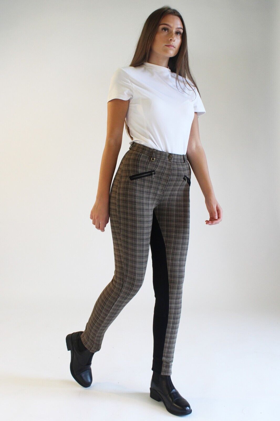 Picture of Ladies Jodhpurs, Gallop Ladies Oxford Check Jodhpurs, Black Brown, 24"- 38"